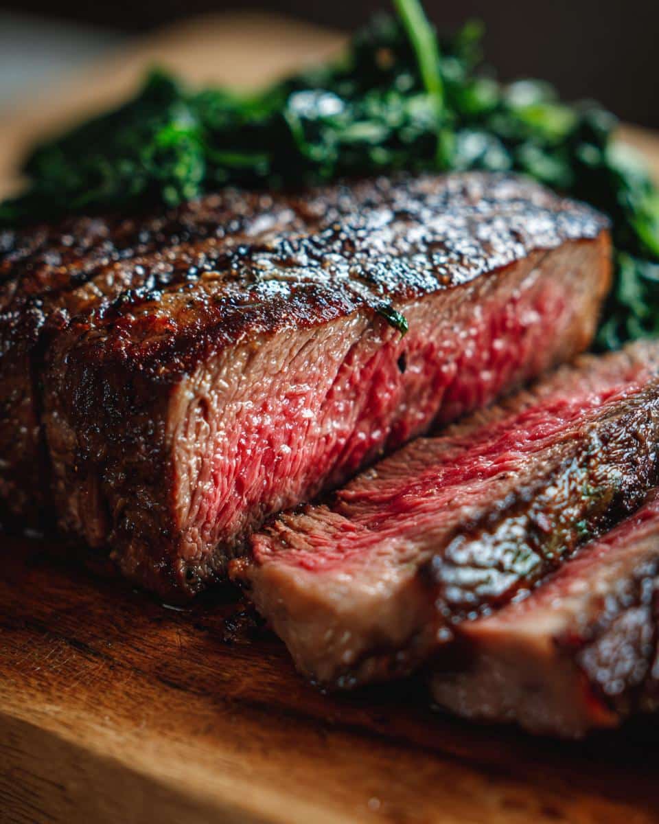 Sliced beef steak with spinach, part of the Beef & Spinach Endurance Dog Recipe ingredients.