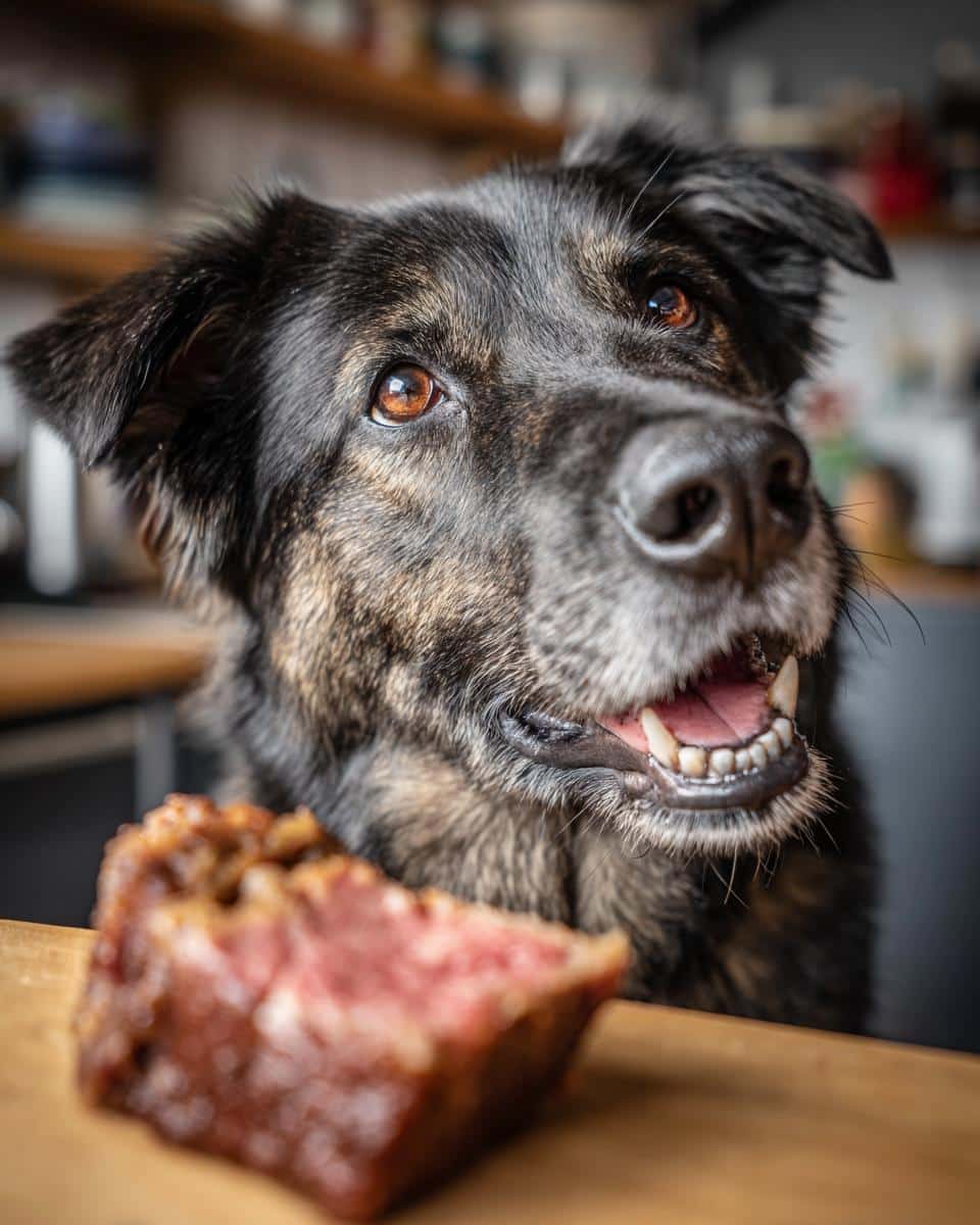 Dog looking eagerly at a slice of Beef & Spinach Endurance Dog Recipe on a wooden surface.