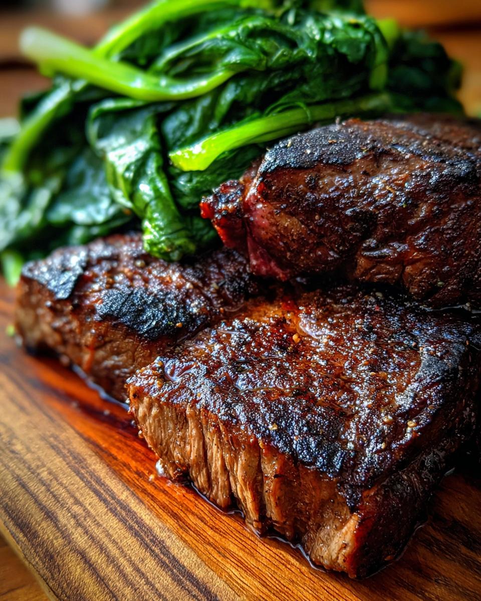 Juicy beef steak and fresh spinach, ingredients for Beef & Spinach Endurance Dog Recipe.