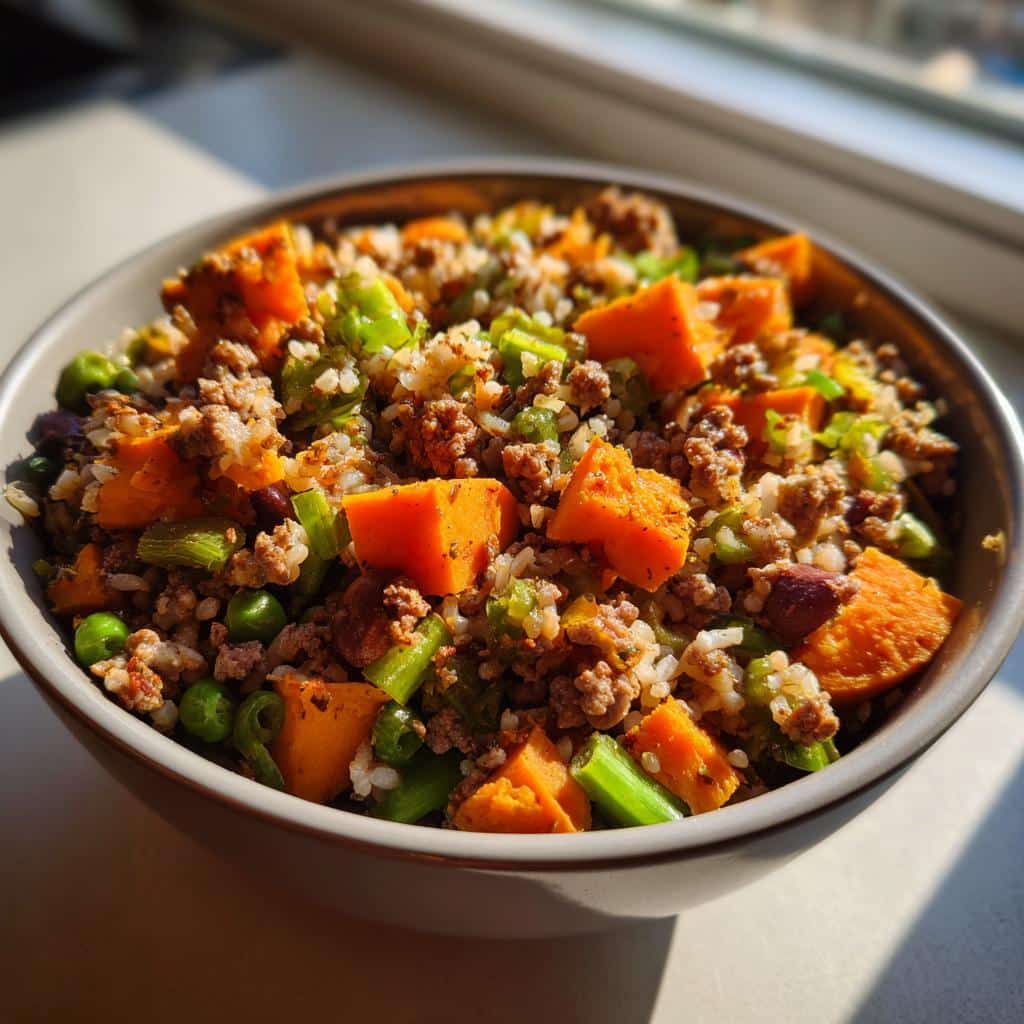 A bowl of Fan-Favorite Beef & Sweet Potato Dog Dinner, featuring beef, sweet potato, peas, and green beans.