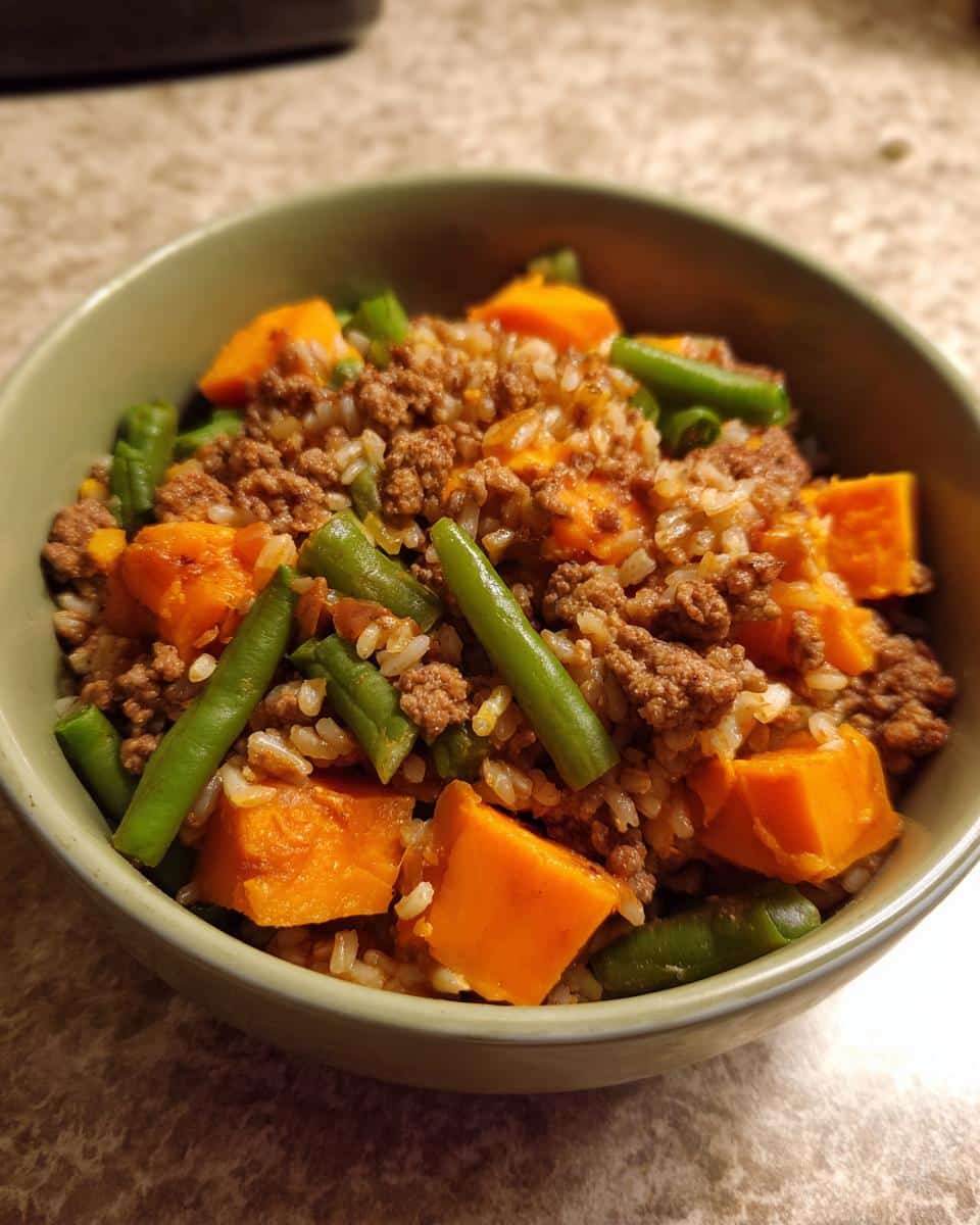 A bowl of Fan-Favorite Beef & Sweet Potato Dog Dinner with green beans and rice.