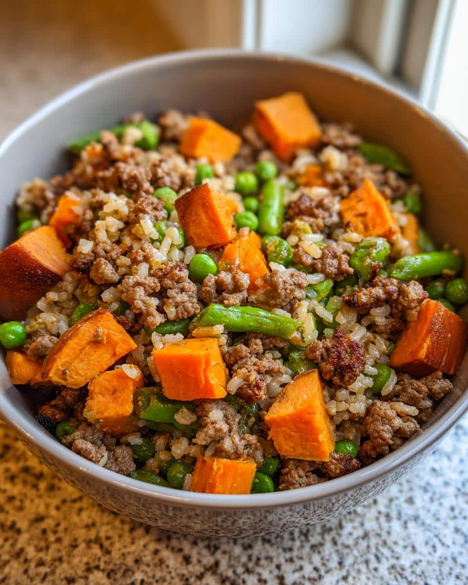 A bowl of Fan-Favorite Beef & Sweet Potato Dog Dinner, featuring beef, sweet potato, peas, and green beans.