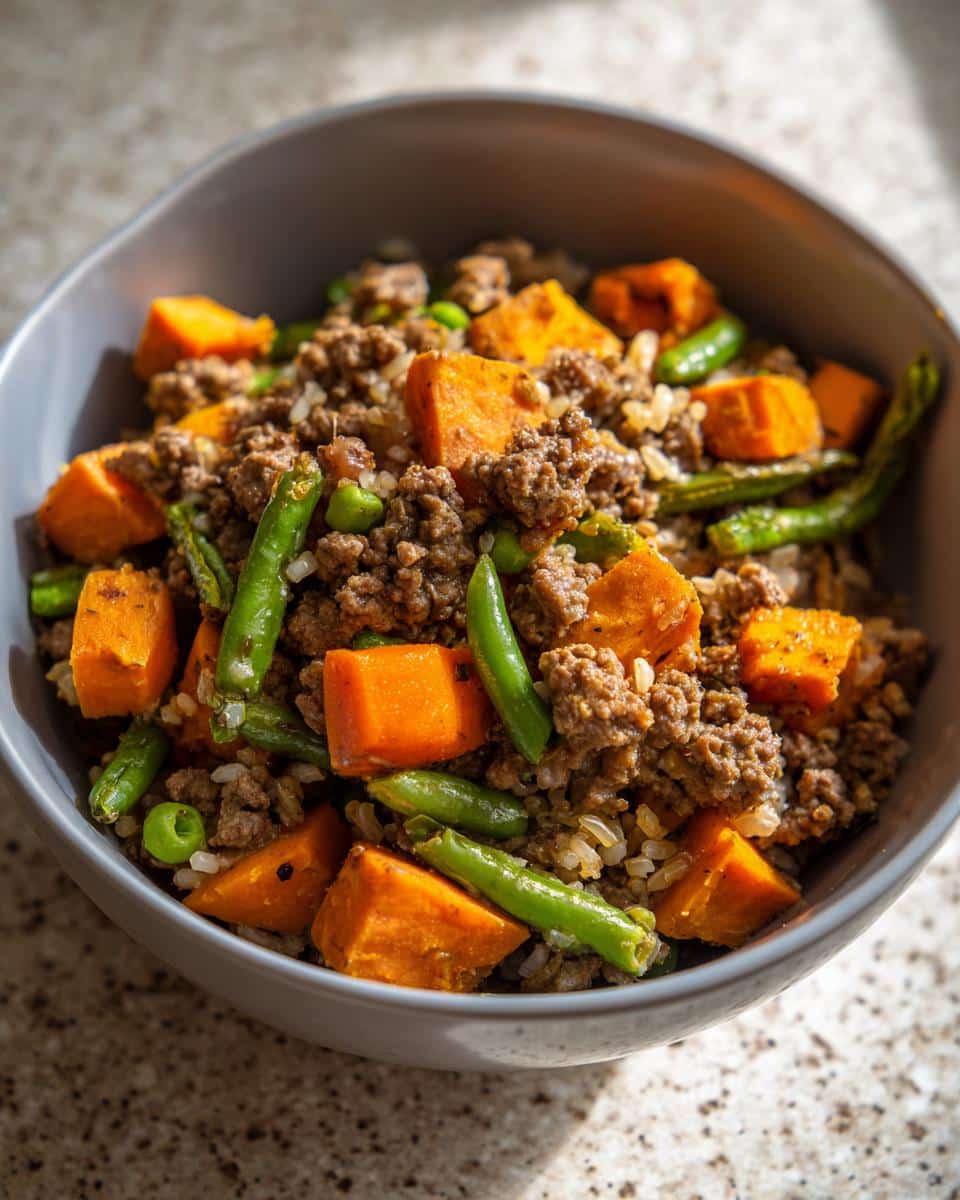 A bowl of Fan-Favorite Beef & Sweet Potato Dog Dinner featuring beef, sweet potato, and green beans.