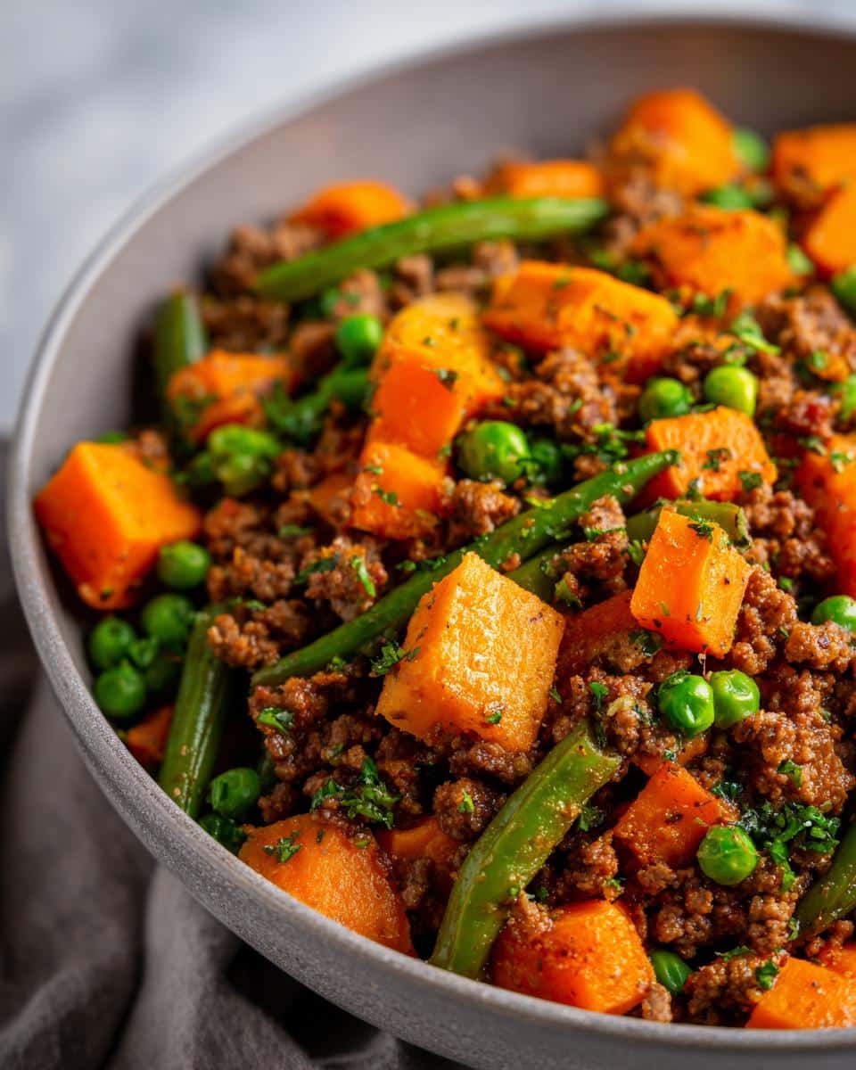 A bowl of homemade Beef & Sweet Potato Vitamin-Rich Dog Food with green beans and peas.