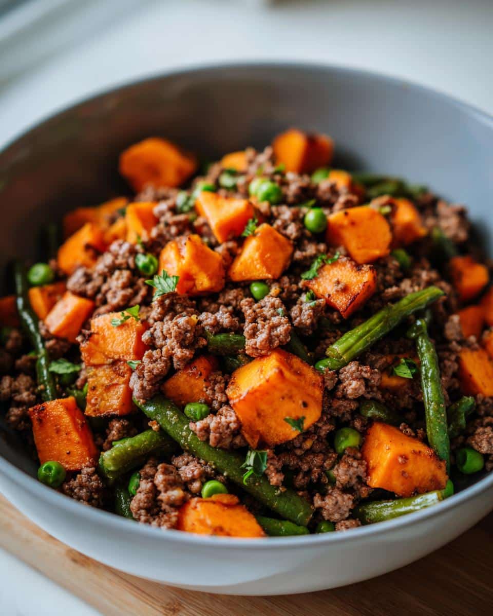 A bowl of Beef & Sweet Potato Vitamin-Rich Dog Food with green beans and peas, garnished with parsley.