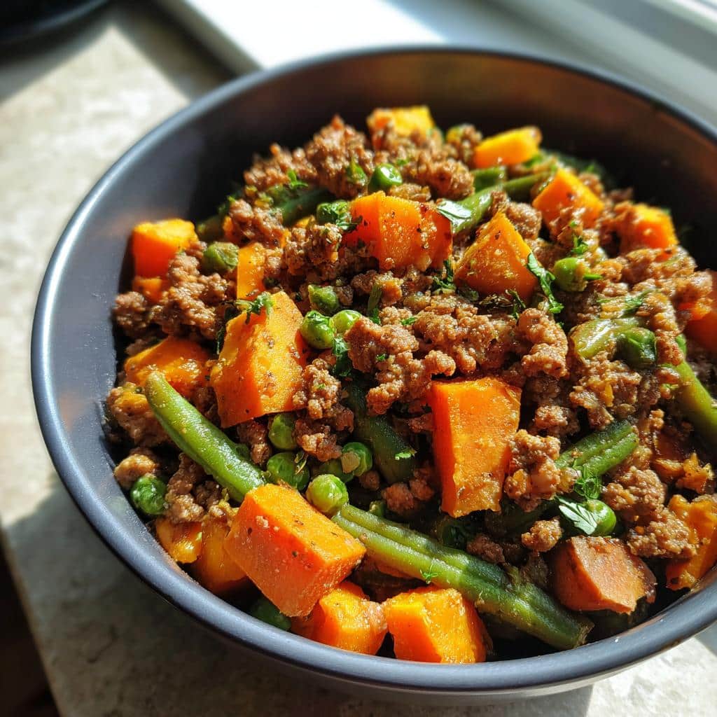 A bowl of homemade Beef & Sweet Potato Vitamin-Rich Dog Food with green beans and peas.
