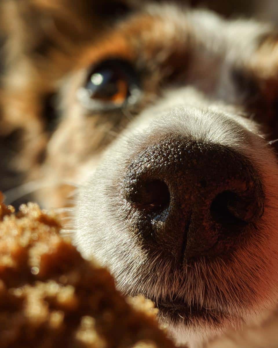 Close-up of a dog's nose near All-Time Favorite Beef & Veggie Dog Food, with a blurred dog eye in the background.