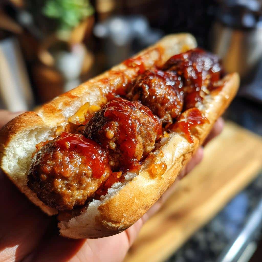 Close-up of a beef and veggie dog food 'hot dog' with meatballs and sauce.