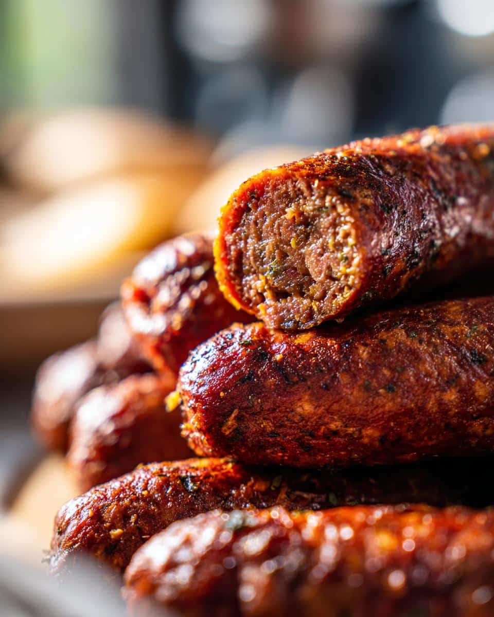 Close-up of a stack of All-Time Favorite Beef & Veggie Dog Food logs, one cut in half to show the inside.