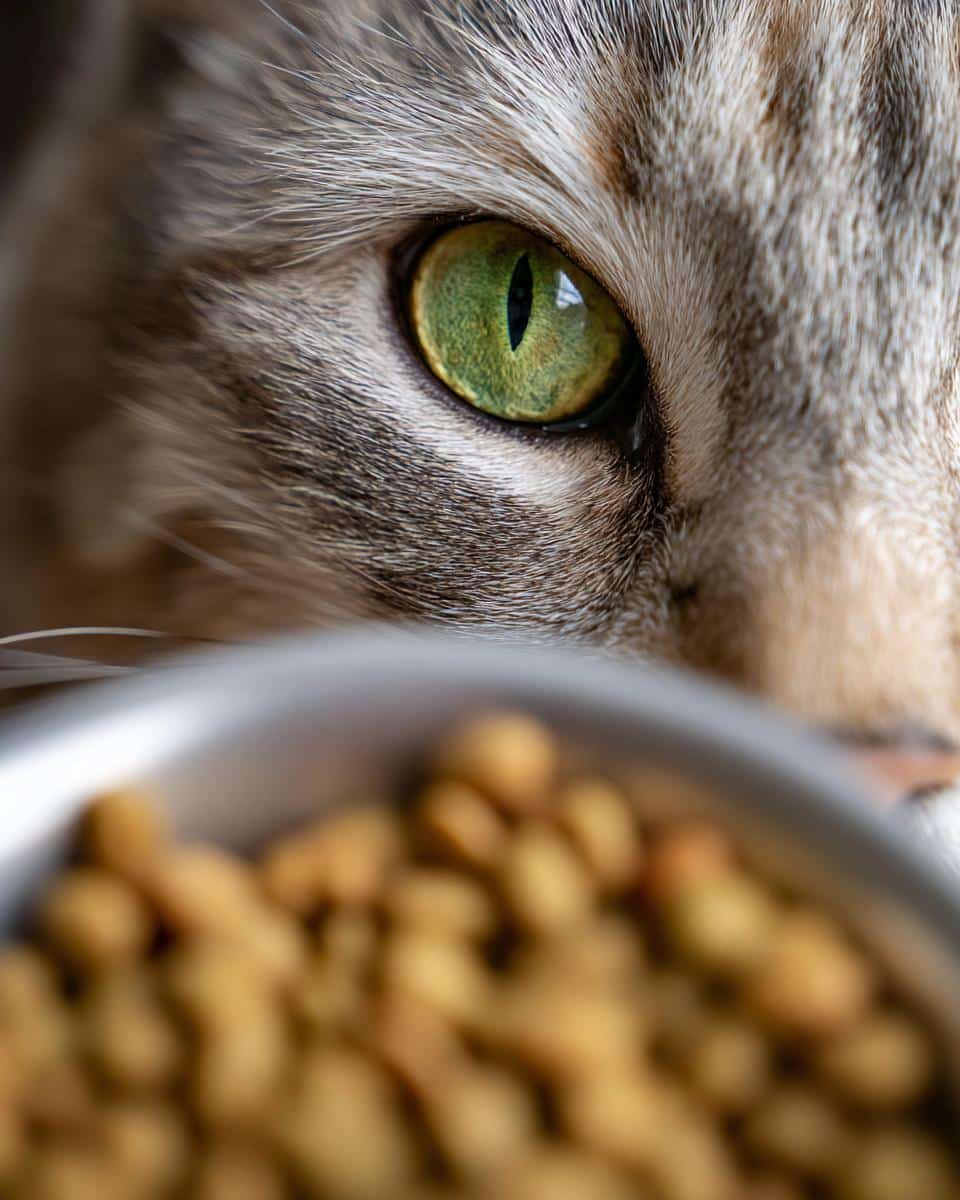Close-up of a cat's eye looking at a bowl of Chicken & Pea Growth Dog Food.