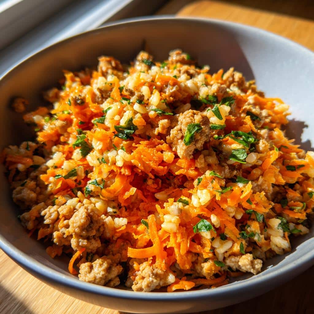 A bowl of Chicken & Carrot Anti-Inflammatory Dog Recipe, featuring shredded carrots, chicken, rice, and parsley.