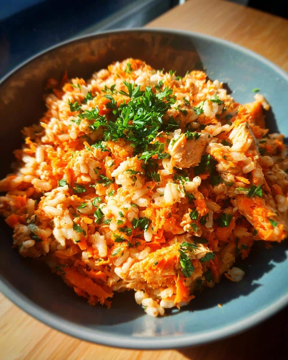 Bowl of Chicken & Carrot Anti-Inflammatory Dog Recipe, garnished with parsley. Healthy meal for dogs.
