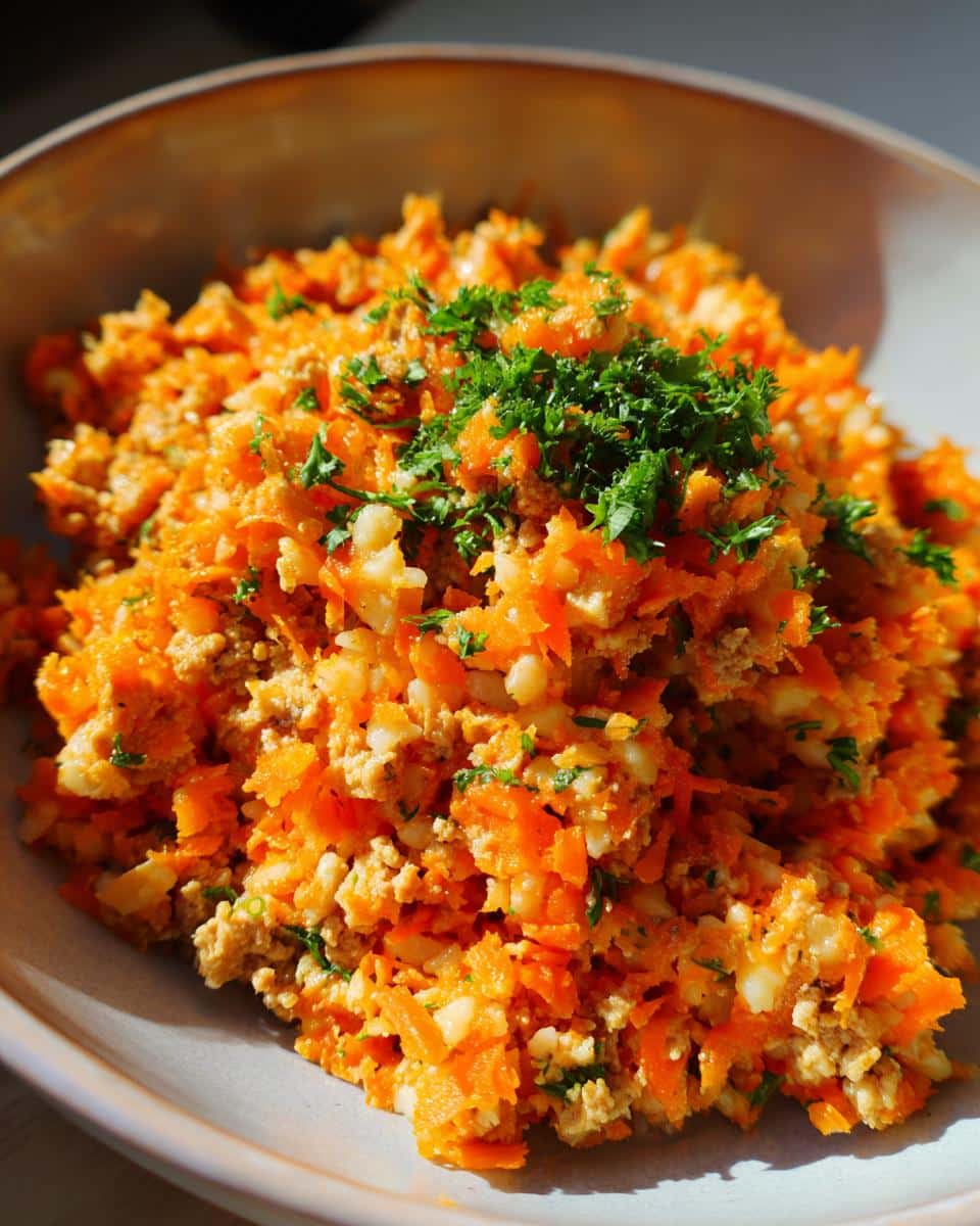 Close-up of a bowl of Chicken & Carrot Anti-Inflammatory Dog Recipe, topped with fresh parsley.