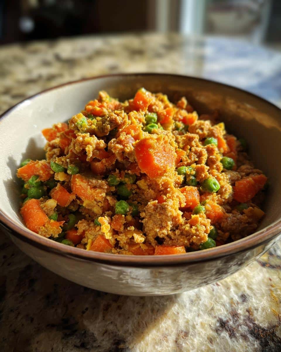 A bowl of Chicken, Carrot & Pea Dog Food Blend. Nutritious and delicious meal for your furry friend.