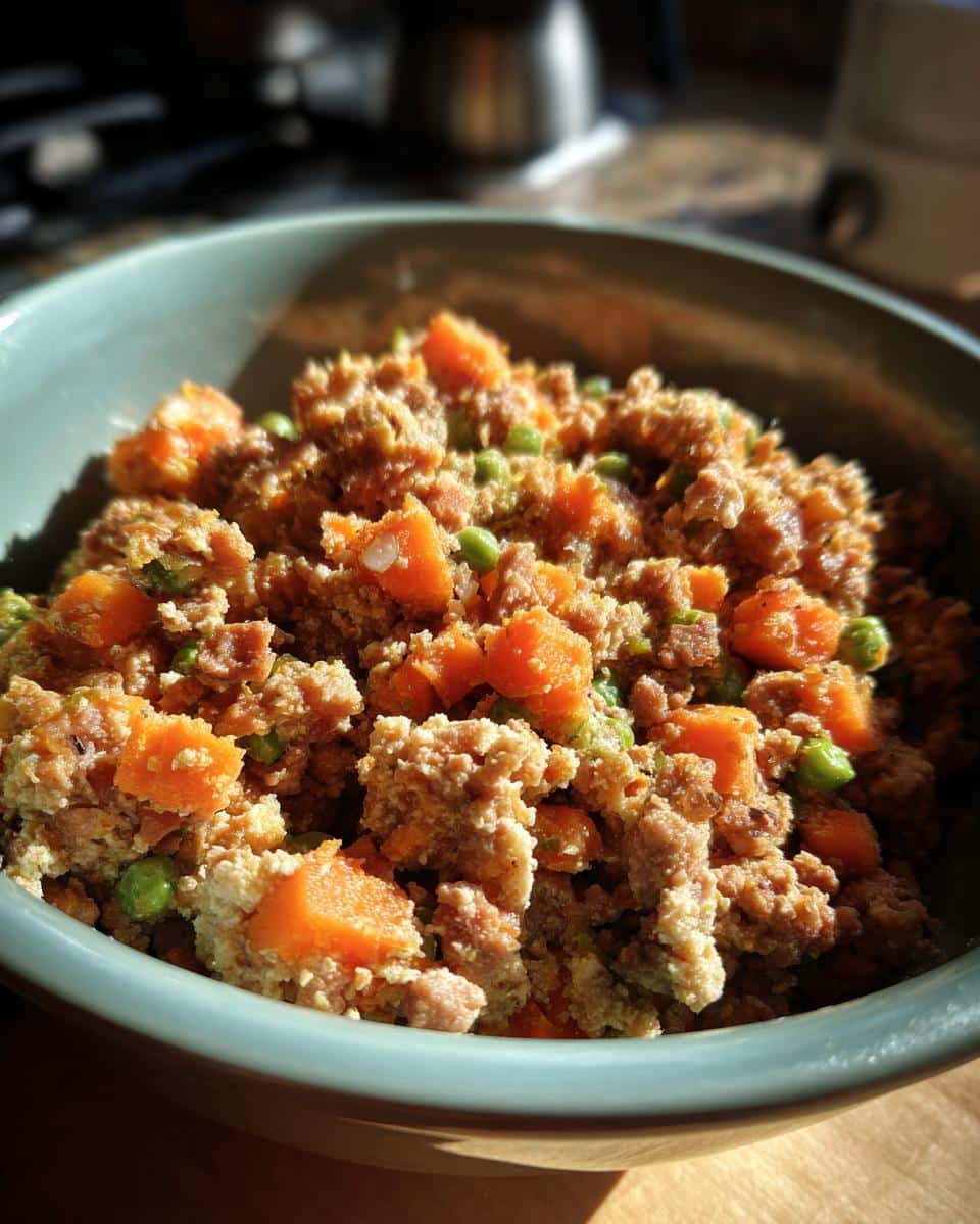 A bowl filled with Chicken, Carrot & Pea Dog Food Blend, showcasing the ingredients.