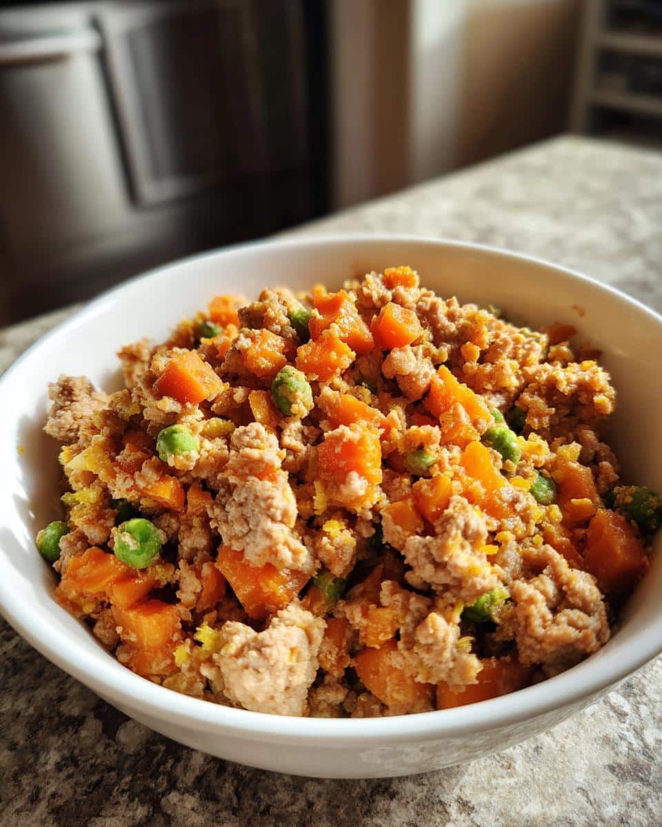 A bowl of homemade Chicken, Carrot & Pea Dog Food Blend, featuring diced carrots, peas, and ground chicken.