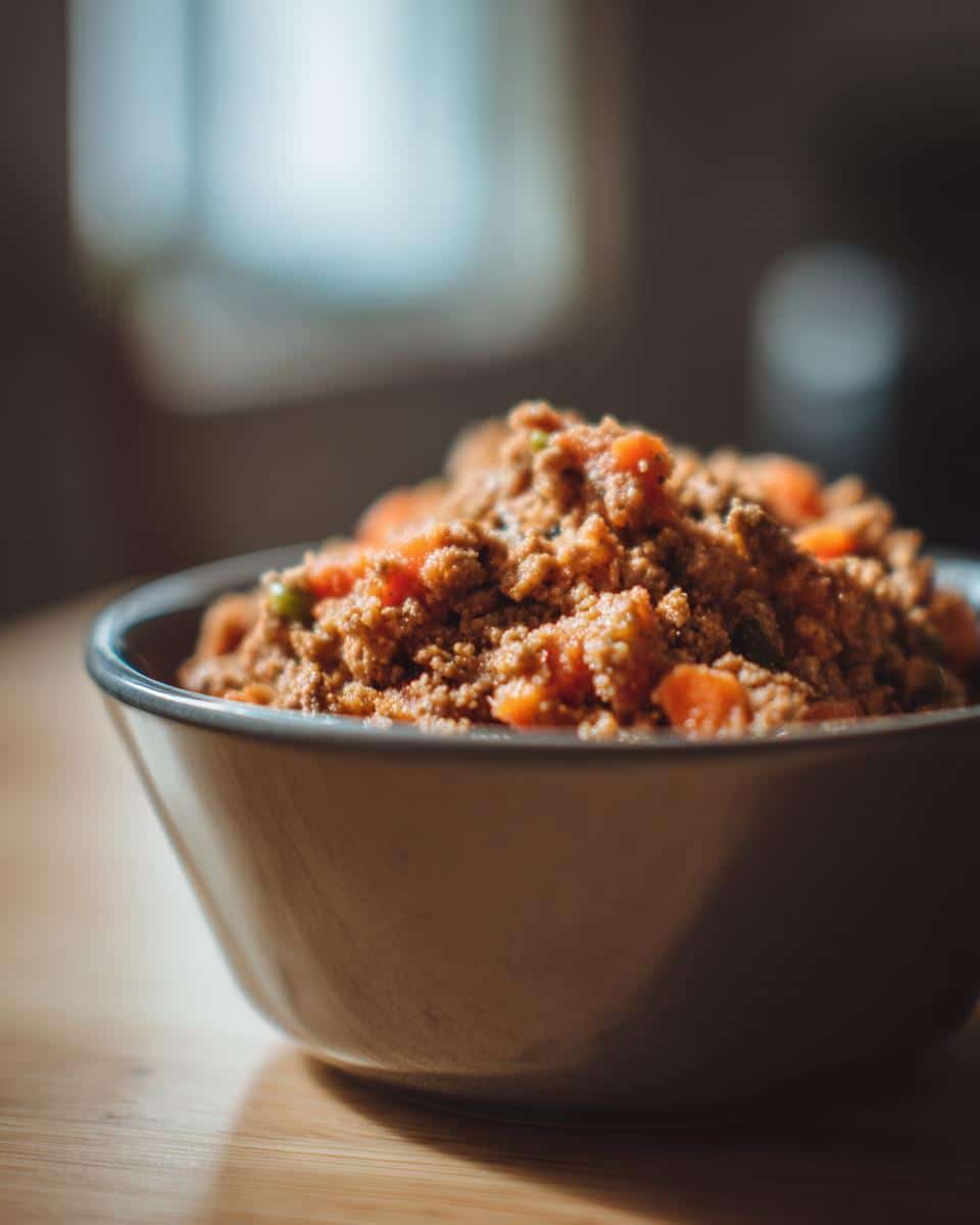 A bowl filled with Chicken, Carrot & Pea Dog Food Blend, showing visible chunks of carrots and peas.