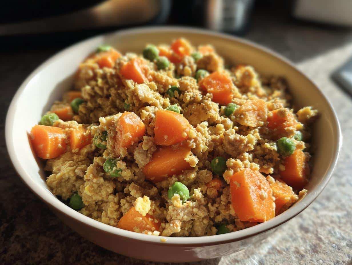 Bowl of homemade Chicken, Carrot & Pea Dog Food Blend. Nutritious meal for your pet.