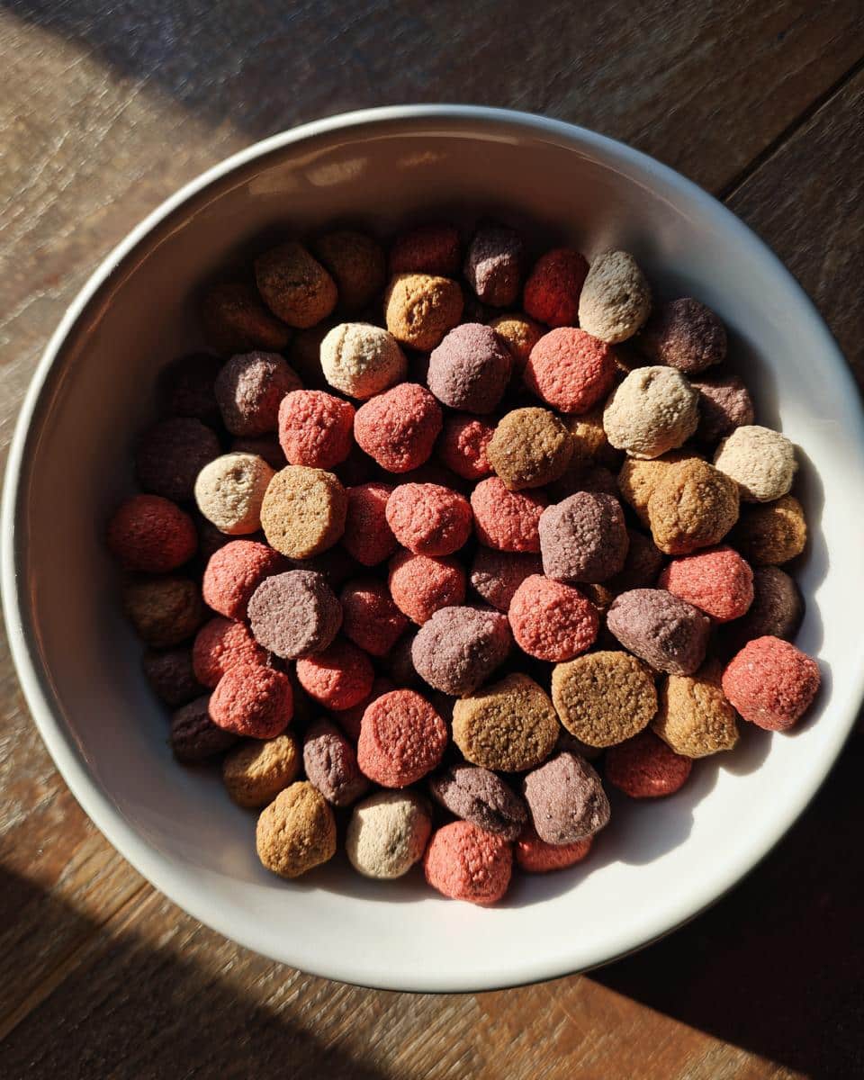 Bowl full of colorful Chicken & Egg Dog Food for Muscular Dogs, on a wooden surface.