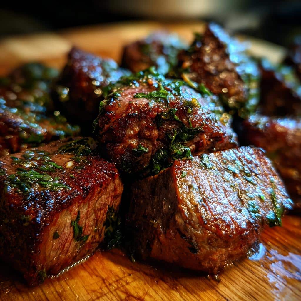 Close-up of cooked meat cubes with herbs, ideal protein source for Chicken & Egg Dog Food for Muscular Dogs.