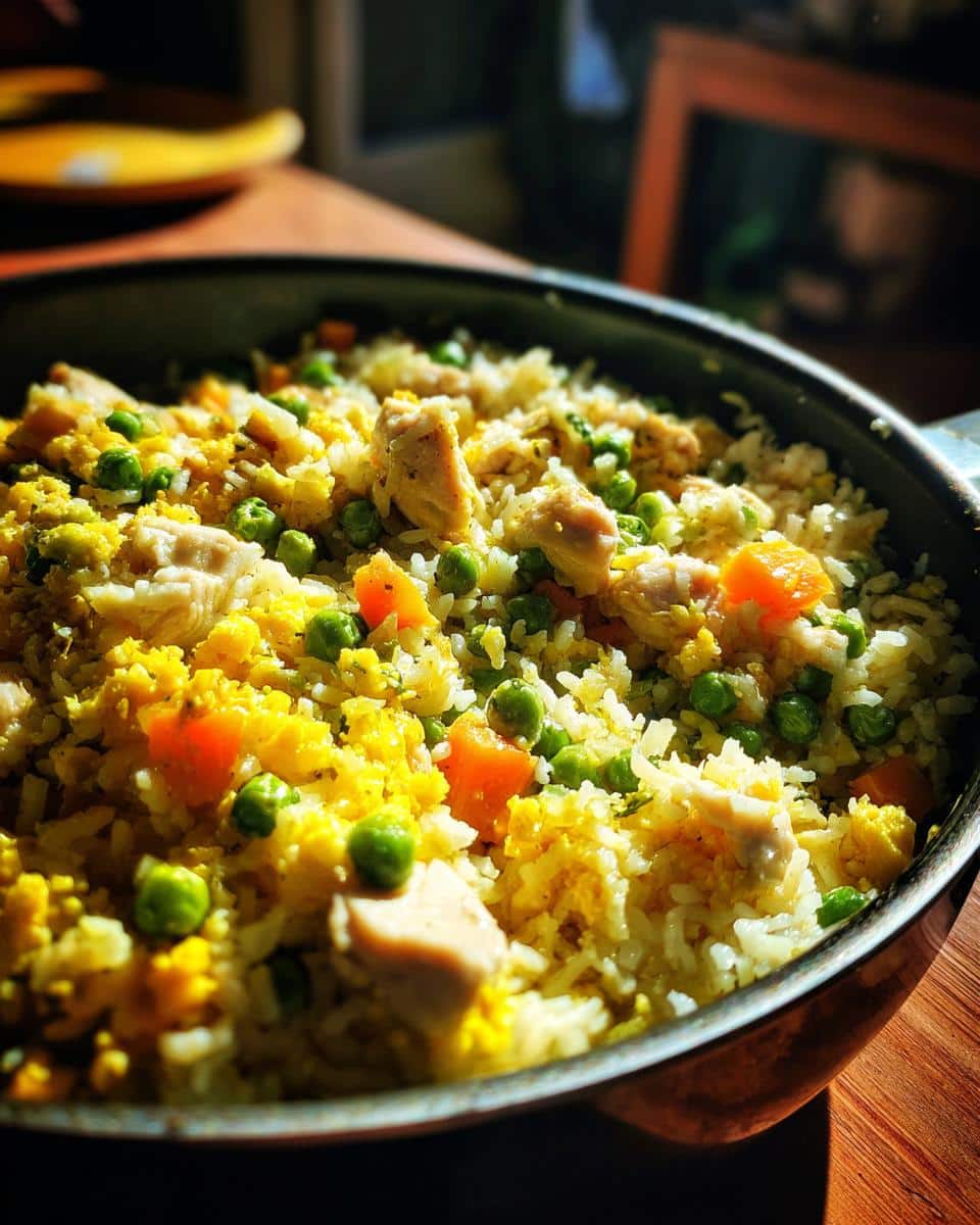 Close-up of Chicken & Green Pea Gentle Dog Meal in a pan, featuring rice, chicken, peas, and carrots.