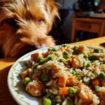 Dog eagerly eyeing a plate of Chicken & Green Pea Gentle Dog Meal, a healthy and tasty recipe.