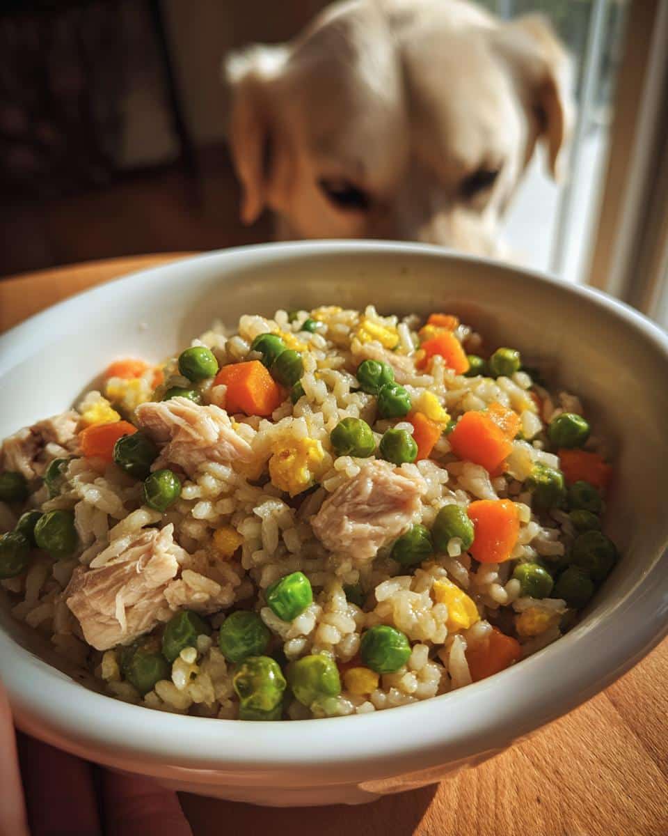 A bowl of Chicken & Green Pea Gentle Dog Meal with a dog looking at it in the background.