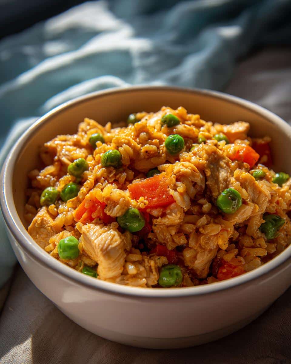 Bowl of Chicken & Green Pea Gentle Dog Meal, featuring chicken, peas, rice, and carrots.