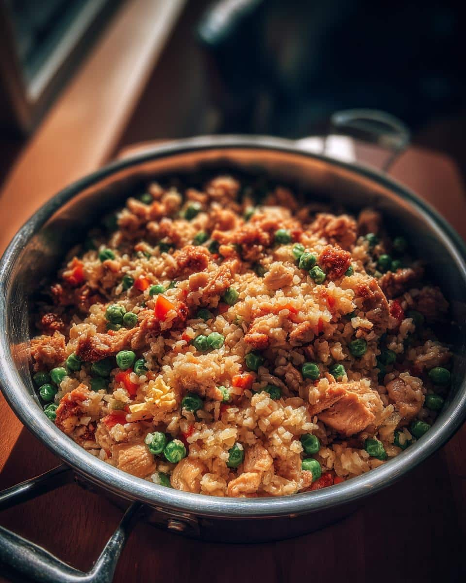 A pan filled with Chicken & Green Pea Gentle Dog Meal, ready to be served. Nutritious and delicious!