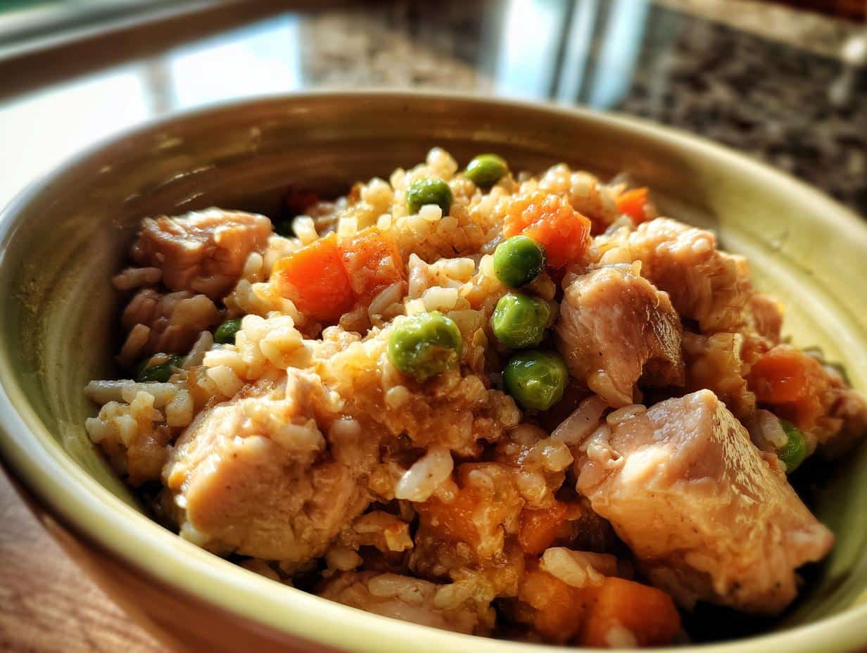 A bowl of Chicken & Green Pea Gentle Dog Meal, featuring chicken, peas, carrots, and rice.