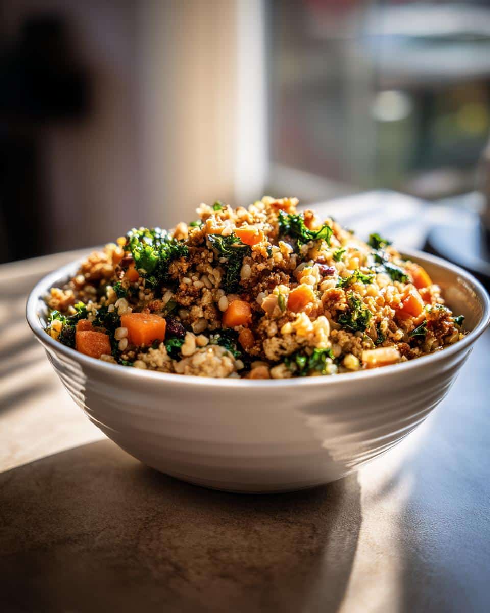 A bowl of Chicken & Kale Healthy Dog Food Recipe, featuring chicken, kale, carrots, and rice.