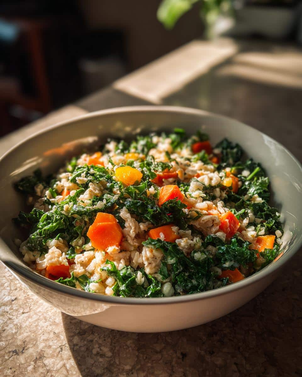 Bowl of homemade Chicken & Kale Healthy Dog Food Recipe with rice, carrots, and fresh kale.