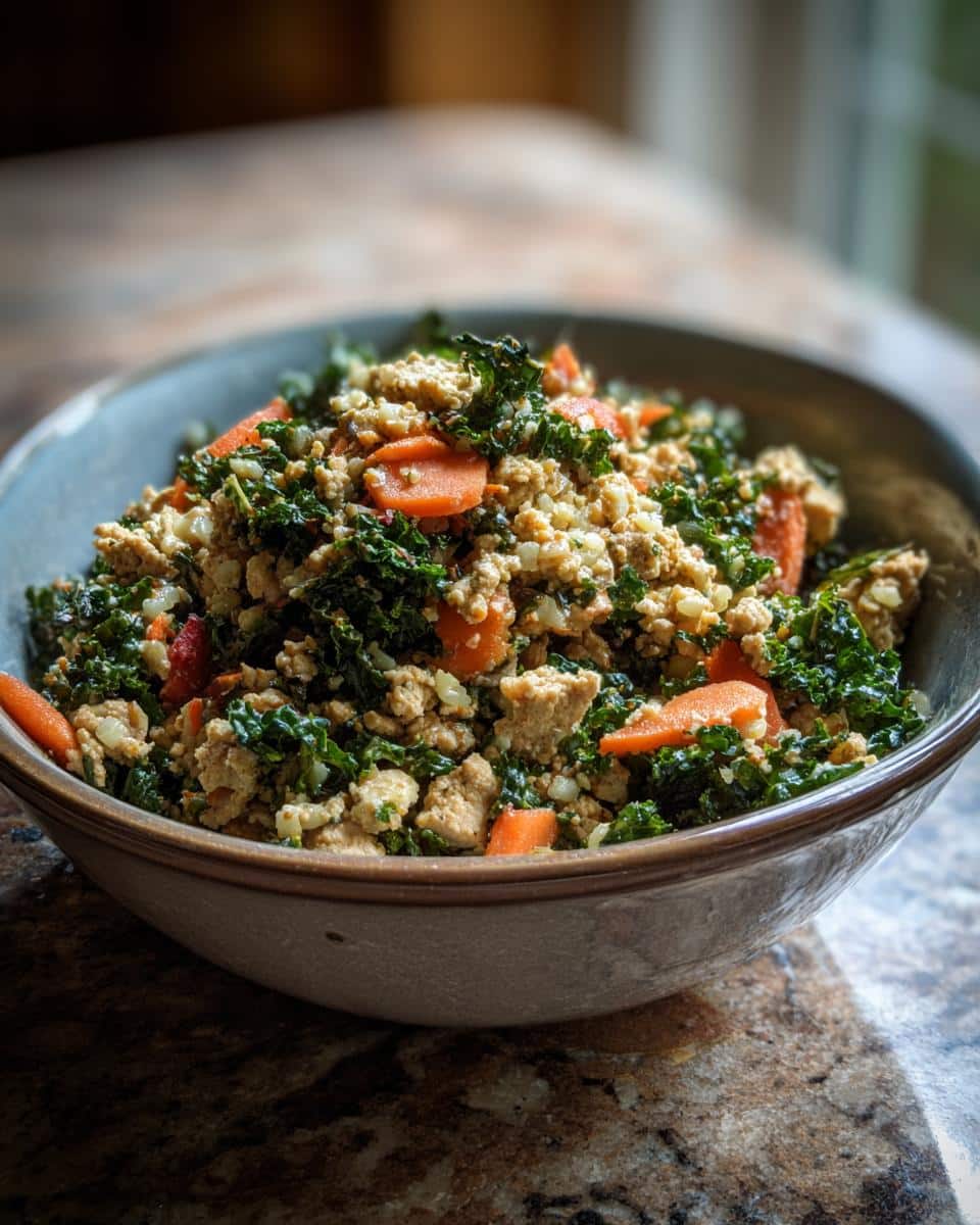 A bowl of Chicken & Kale Healthy Dog Food Recipe, featuring chicken, kale, and carrots.