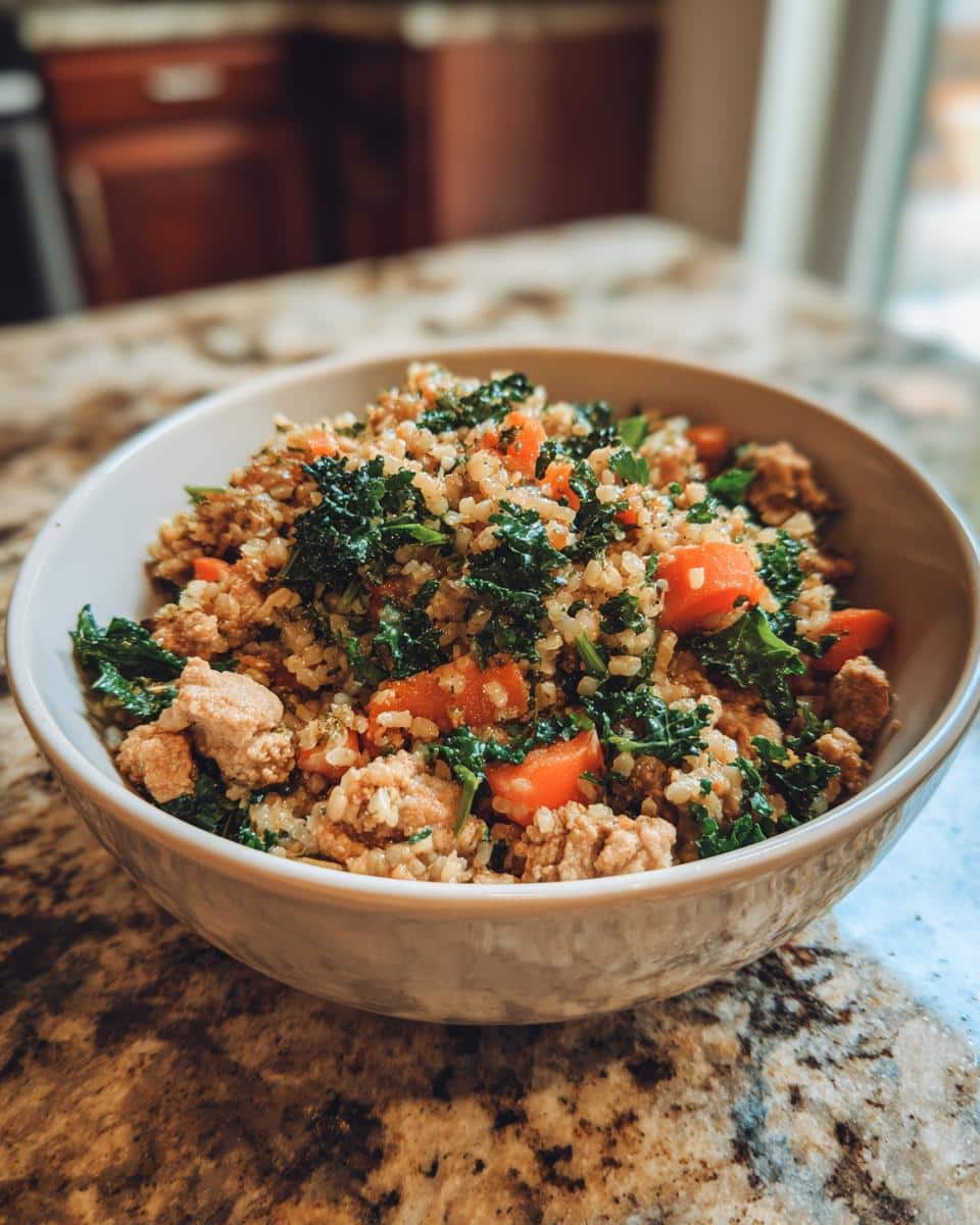 A bowl of Chicken & Kale Healthy Dog Food Recipe, featuring chicken, kale, rice, and carrots.