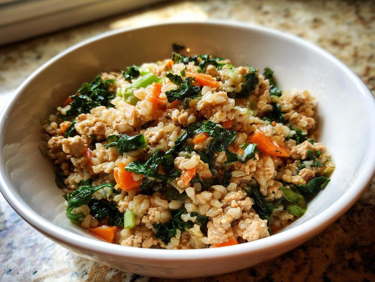 A bowl of homemade Chicken & Kale Healthy Dog Food Recipe, featuring chicken, kale, carrots, and rice.