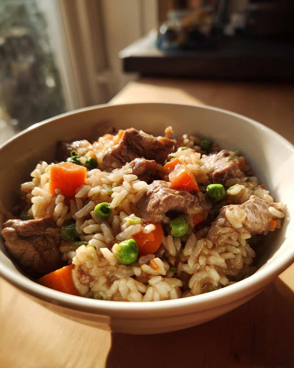 A bowl of homemade Chicken Liver & Brown Rice Dog Food with carrots and peas.
