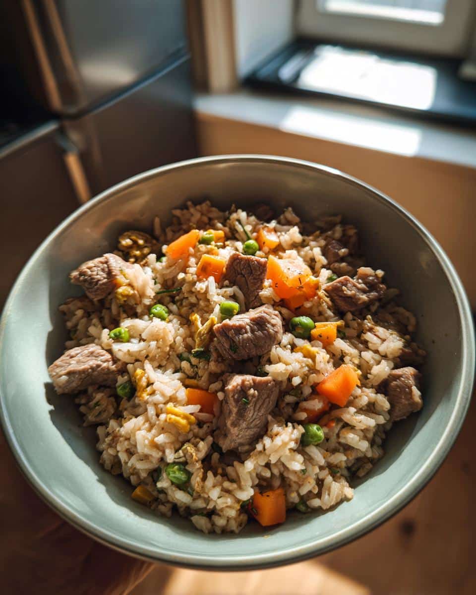 A bowl of Chicken Liver & Brown Rice Dog Food, featuring visible chunks of liver, rice, carrots, and peas.