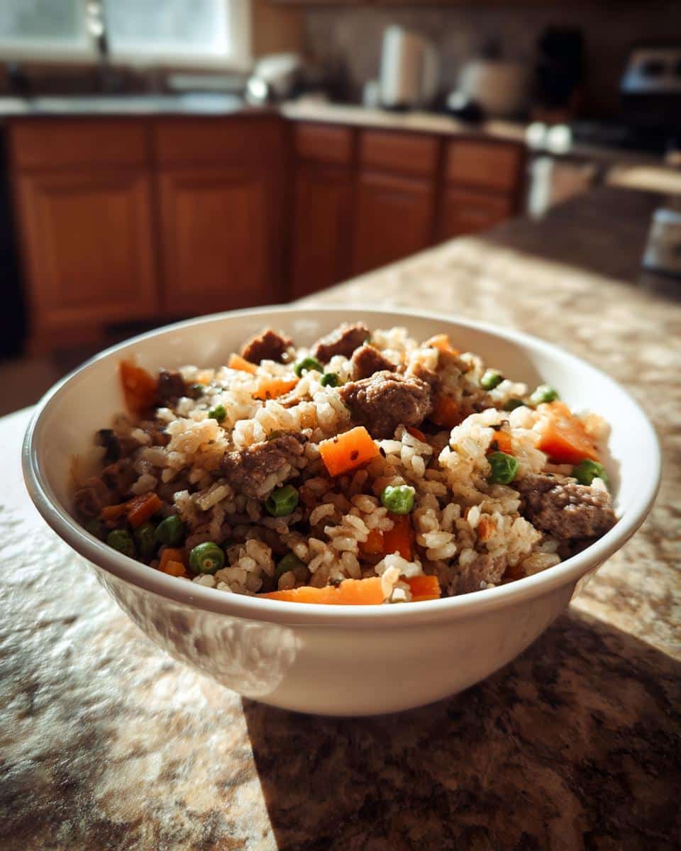 A bowl of Chicken Liver & Brown Rice Dog Food with peas and carrots, ready to serve.