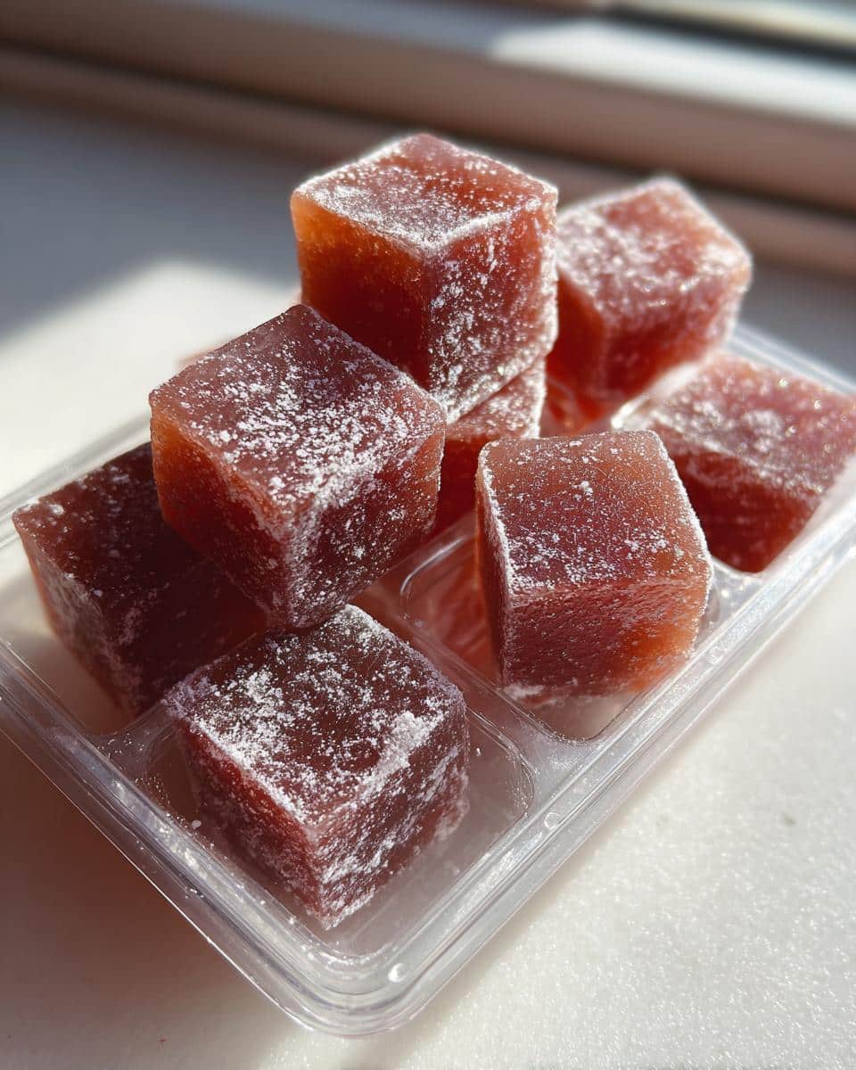 Close-up of chicken liver protein boost cubes, dusted with powder, in a clear container.