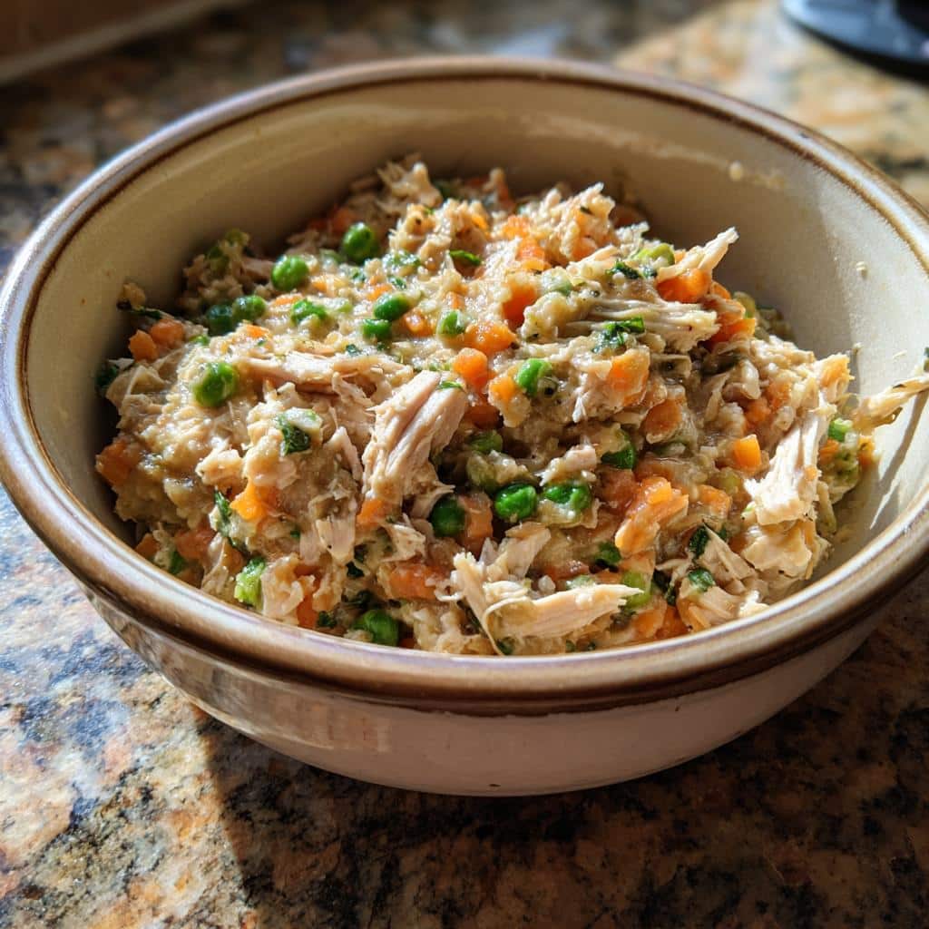 Bowl of homemade 10-Minute Chicken & Oats Dog Recipe, featuring chicken, oats, carrots, and peas.