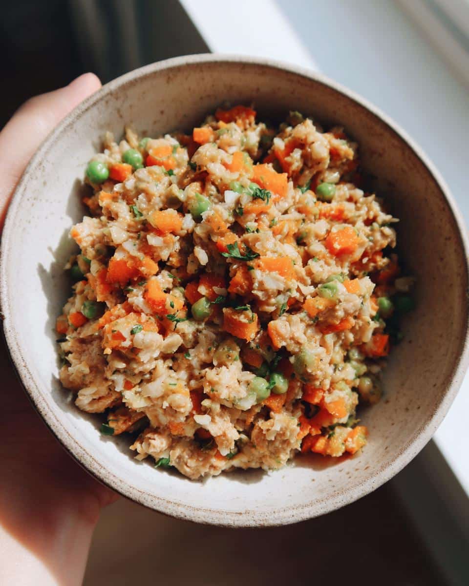 A bowl of homemade 10-Minute Chicken & Oats Dog Recipe with chicken, oats, carrots, and peas.