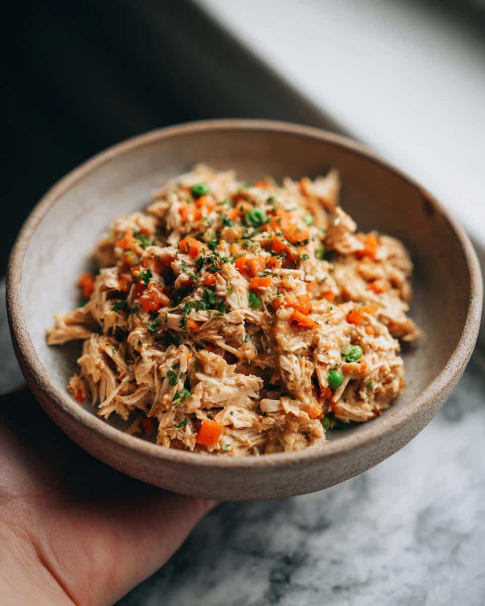 A bowl of 10-Minute Chicken & Oats Dog Recipe, featuring shredded chicken, oats, and vegetables.
