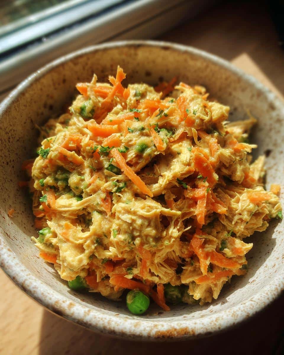 Bowl of 10-Minute Chicken & Oats Dog Recipe with shredded chicken, carrots, oats, and peas.