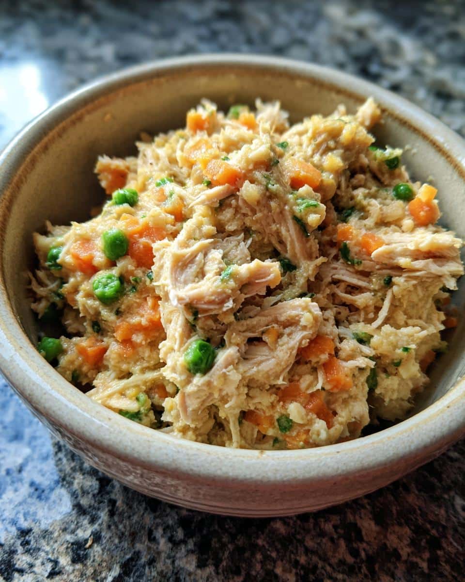 Bowl of homemade 10-Minute Chicken & Oats Dog Recipe with shredded chicken, oats, carrots, and peas.
