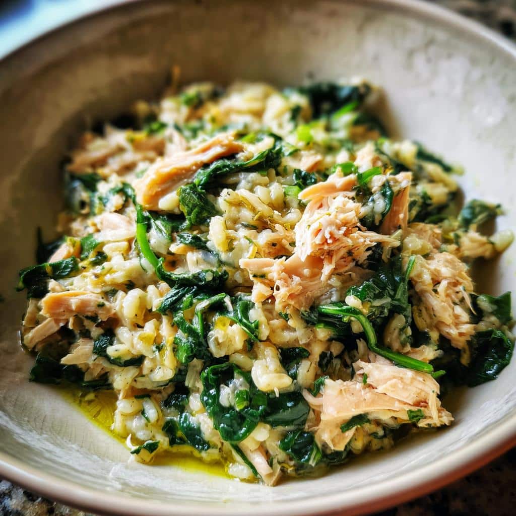 A bowl of Chicken, Oats & Spinach Balanced Dog Meal, showing the ingredients and texture.