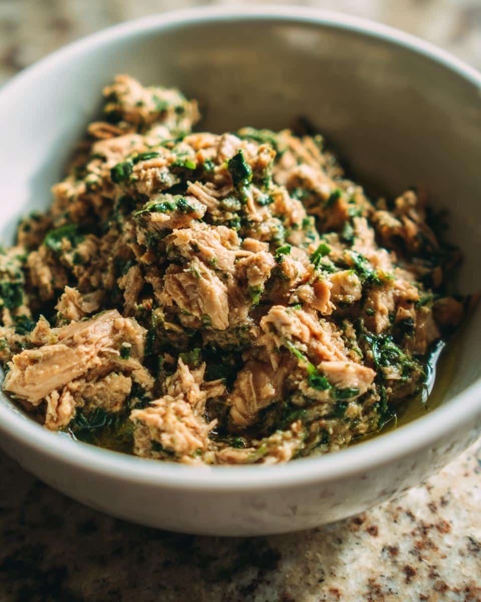 Close-up of Chicken, Oats & Spinach Balanced Dog Meal in a white bowl, showing the texture and ingredients.