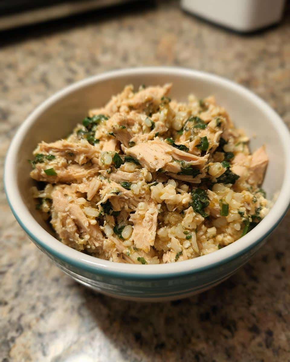 Bowl of Chicken, Oats & Spinach Balanced Dog Meal. Healthy and delicious homemade dog food.