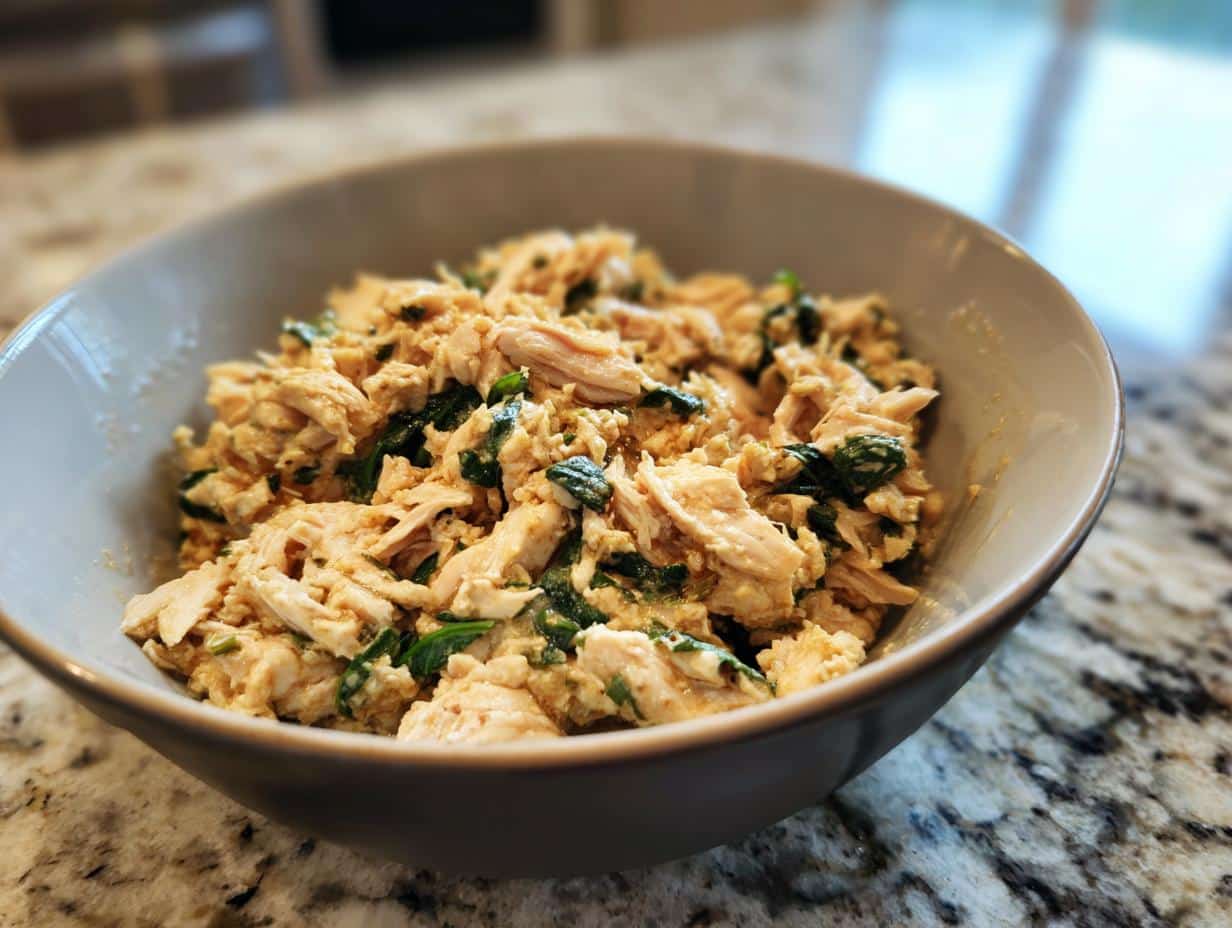 A bowl of Chicken, Oats & Spinach Balanced Dog Meal, showing shredded chicken and spinach.