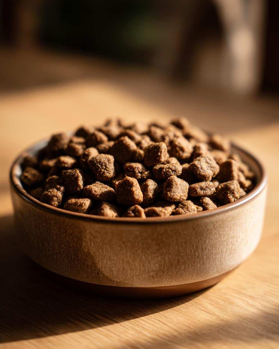 A bowl filled with Chicken & Pea Growth Dog Food, perfect for growing puppies.