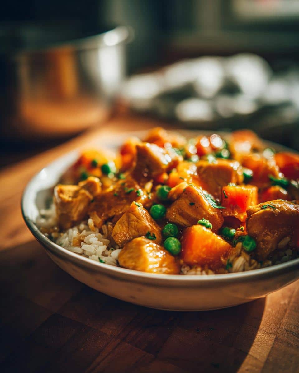 A delicious Chicken & Pumpkin Power Bowl for Large Dogs, featuring chicken, pumpkin, peas, and rice.